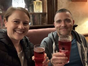 A picture of us enjoying a drink at a pub stopover