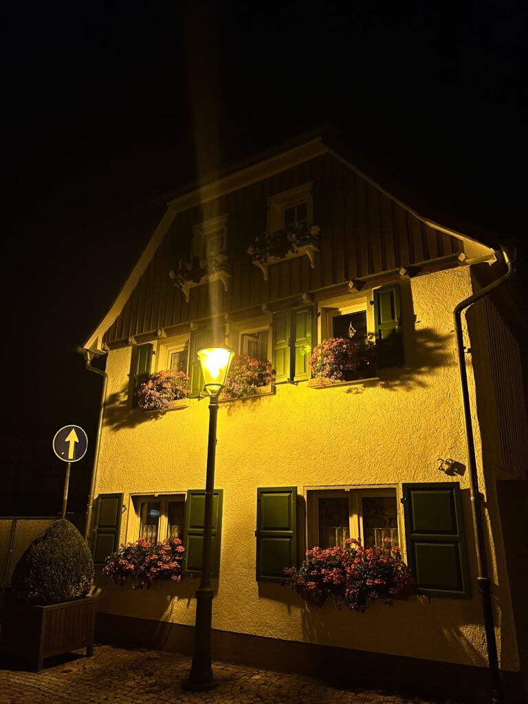 a German house is lit up at night by a single lamp. There are flower boxes on the window sills and the shutters are visibly green