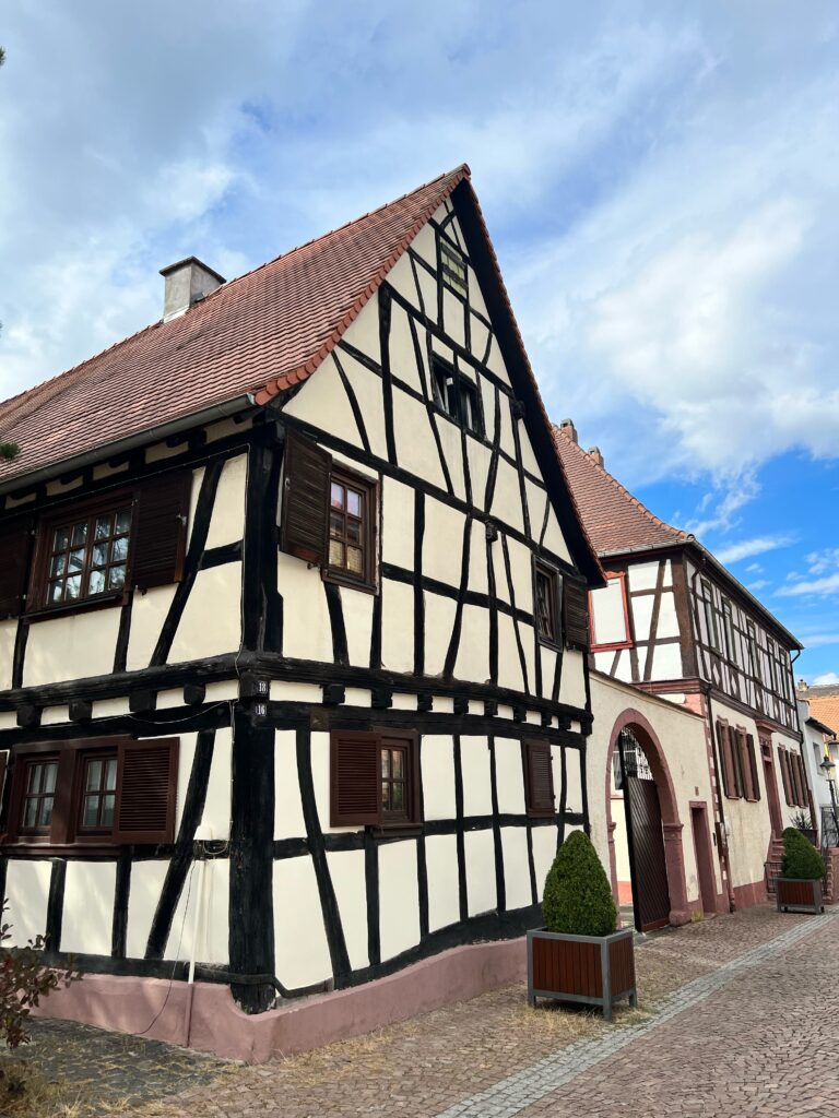 The picture shows a timber frame house
