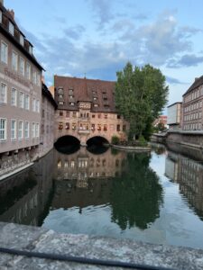 The view is from the bridge over the river Pegnitz that runs through nuremberg