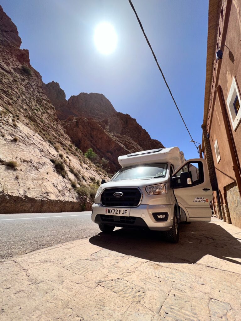 A Bailey Adamo parked at the bottom of the switchback road at Dades Gorge