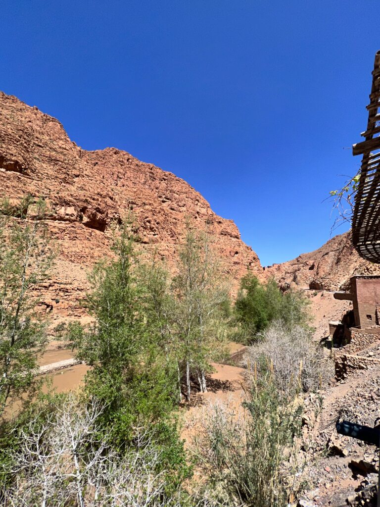 The view is overlooking the river that runs through (and formed) the Dades gorge