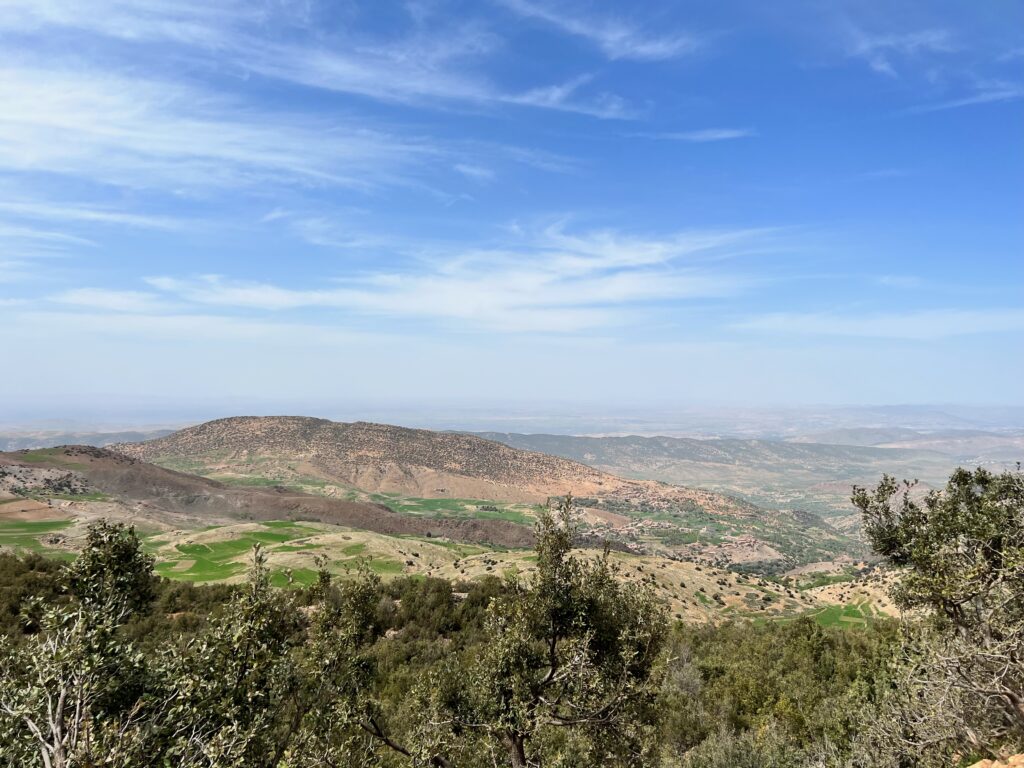 The view of the moroccan landscape, with the mountains in the background. It is a mix of lush green and brown 